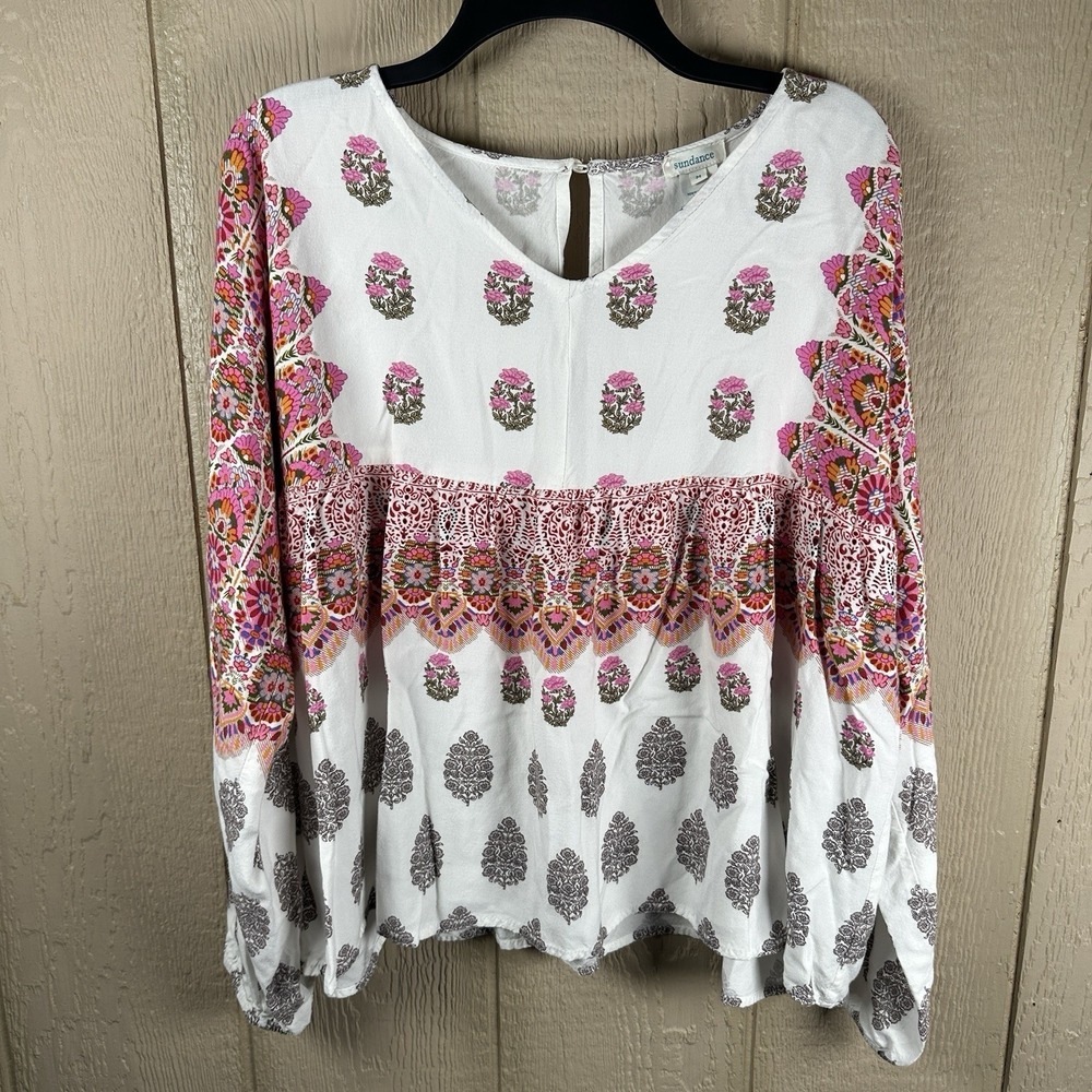 Sundance Peasant Blouse Womens Medium White Pink Floral Boho Rayon Long Sleeve